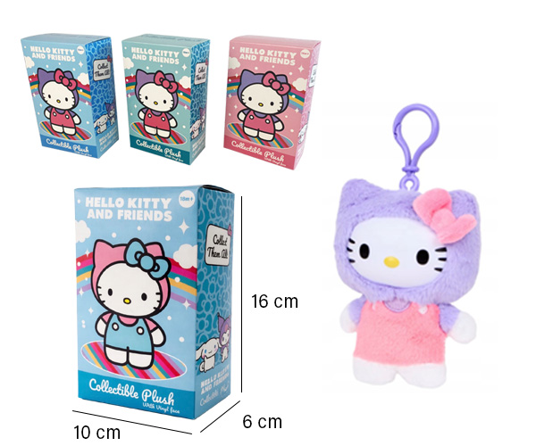 (Mis 0) HELLO KITTY & FRIENDS Peluche Portachiavi 13cm (Viso in Vinile) c/Bagclip -10ass+1 segreto In Blind Box (16x10cm)…x12